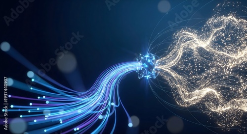 AI concepts, technology, and analysis; Big Data network flow. Futuristic Big Data visualization showing network flow, digital connections, and fiber-like flows.
