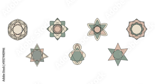 Abstract geometric floral shapes with overlapping translucent pastel colors and thin outlines, ideal for design, decoration, or pattern projects