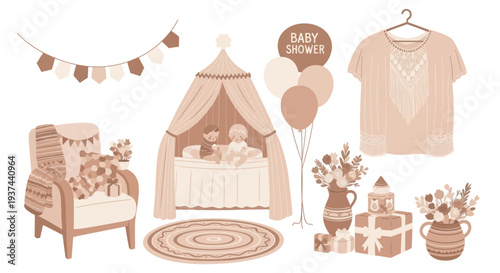 Boho style baby shower decorations with balloons, gifts, flower bouquets, cozy armchair, and crib tent in warm neutral tones for party and event design