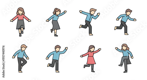 Cartoon people dancing in different playful poses isolated on white background, fun activity vector illustration for entertainment and leisure design