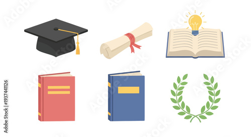 Education icons set with graduation hat, diploma, open book with lightbulb, hardcover books, and laurel wreath, perfect for academic and learning projects