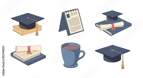 Education icons set with graduation cap, diploma, book, notebook, and coffee cup for academic and learning concepts illustration