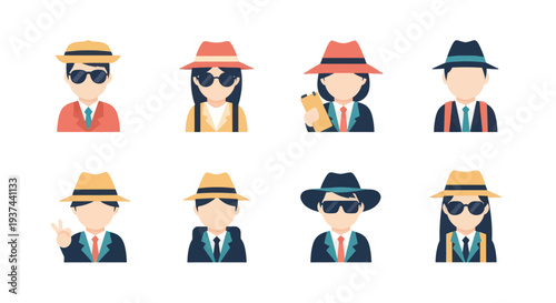 Flat design of secret agents and spies wearing hats and sunglasses with various poses and accessories, perfect for security or detective themed projects