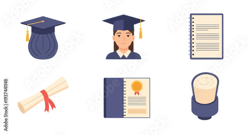 Graduation collection with cap, graduate student, diploma, certificate, and diploma case, education icons and achievement symbols