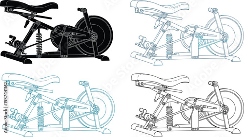 Stationary Exercise Bike Technical Illustration Set Featuring Indoor Cycling Machine Line Art, Fitness Equipment Blueprint, and Gym Training Device Designs