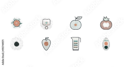 Hand drawn dotted style kitchen and food icons including fruit, measuring cup, and cooking pot, perfect for culinary or recipe design projects