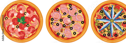 Vector illustration of three delicious whole pizzas with various toppings including shrimp and tomato, pepperoni with onions and olives, and traditional anchovy.