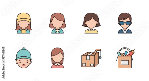 Set of diverse cartoon people icons with assorted emotions and two different boxes containing various items, perfect for web or app design usage