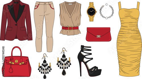 Women Fashion Outfit and Accessories Set Featuring Blazer, Dress, Handbag, High Heels, Jewelry, Watch, Clutch, and Stylish Clothing Collection