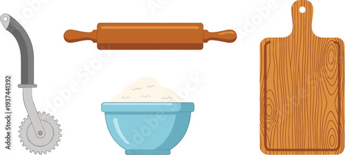 Professional Kitchen Baking Tool Collection with Wooden Rolling Pin Cutting Board Pasta Roller Cutter and Bowl of Flour Vector Illustration Isolated on White Background