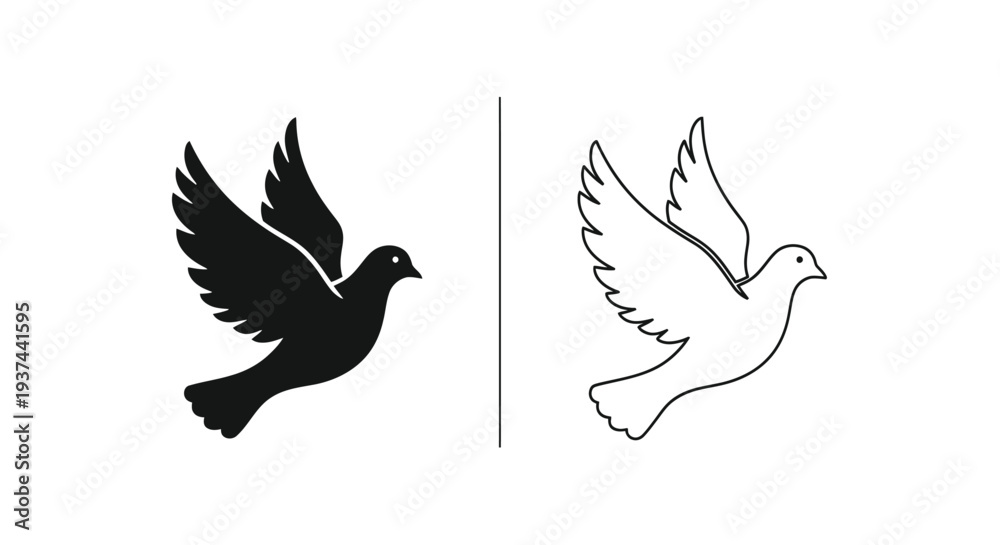 Fototapeta premium Flying Dove Vector Icon Set: Black Silhouette and Outline Style for Peace, Freedom, and Spirituality Concepts