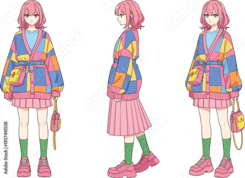 Cute anime girl character sheet with pink hair wearing a colorful patchwork cardigan and pleated skirt in front side and three quarter view.