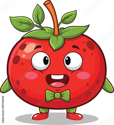 Cute red tomato mascot character with green bowtie and leaves smiling happily isolated on white background for healthy food and vegetable garden vector design
