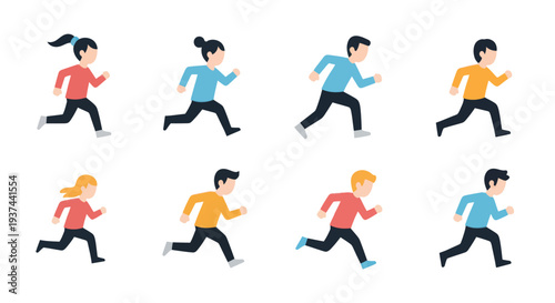 Set of running people icons in colorful clothes and various hairstyles, flat style vector illustration perfect for fitness, sports, and activity design