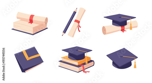 Set of graduation icons with cap, diploma, books, and pencil, education and academic success concept, ideal for university and school designs
