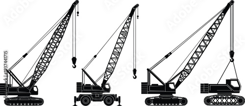 Black industrial crane silhouettes set including mobile crawler and lattice boom cranes with hooks isolated on white background for construction site vector graphic design