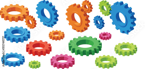 Colorful Gear and Cogwheel Set Illustration Featuring Mechanical Cogs, Engineering Machinery Parts, Industrial Mechanism Components, and Technology Process Elements