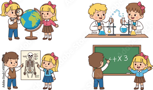 Children Learning Science and Geography Illustration Set Featuring Kids Studying Globe, Chemistry Experiments, Human Skeleton Anatomy, and Math Classroom Activities