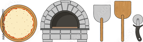 Traditional Stone Pizza Oven with Uncooked Cheese Pizza Dough Wooden Peel Metal Spatula and Roller Cutter Tool Vector Illustration Isolated on White Background for Restaurant Design