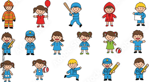 Cute Cartoon Children Character Set Featuring Kids in Different Professions, School Uniforms, Raincoat, Sports Activities, and Everyday Childhood Roles