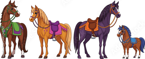 Decorative Saddle Horses Illustration Set Featuring Colorful Cartoon Horses with Traditional Riding Equipment and Equestrian Animal Characters