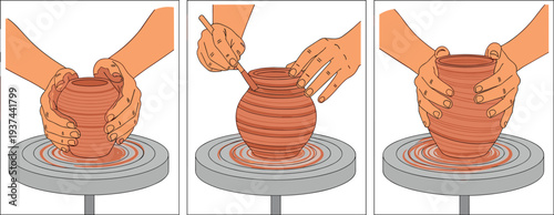 Pottery Making Process Illustration Showing Hands Shaping Clay Vase on Pottery Wheel Traditional Ceramic Craft and Artisan Workshop Steps