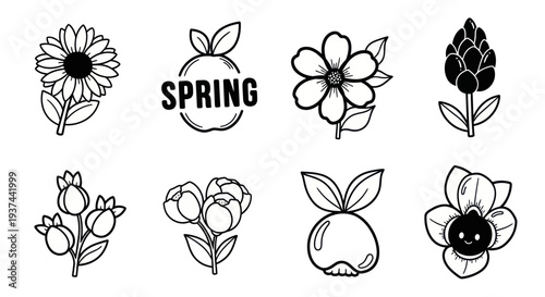 Black and white hand-drawn spring floral icons set including flowers, buds, fruits and a spring label, perfect for seasonal designs and decorations