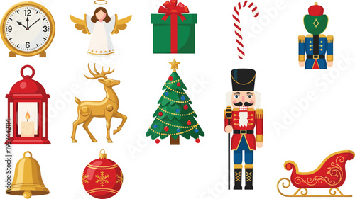 Christmas Holiday Icon Set Featuring Tree, Angel, Gift Box, Candy Cane, Nutcracker, Sleigh, Reindeer, Lantern, Bell, and Festive Decorations