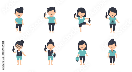 Set of diverse women and men in casual and business casual outfits holding mobile phones, lifestyle communication concept, perfect for apps and modern tech designs