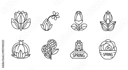 Black and white spring floral icons set with blooming flowers and leaves, perfect for seasonal designs and spring decoration projects