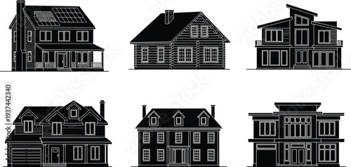 Detailed black house silhouettes set including solar panel home suburban villa cabin and modern residential building icons isolated on white background for real estate design