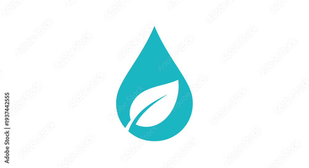 Fototapeta premium A teal droplet shape containing a white leaf symbolizing nature