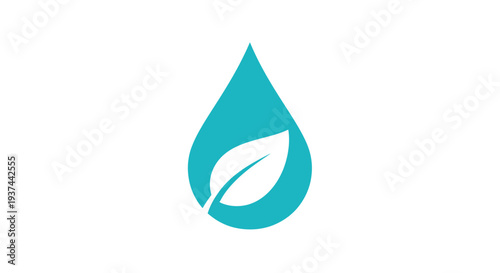 A teal droplet shape containing a white leaf symbolizing nature