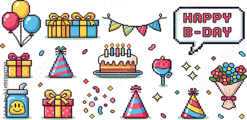 Pixel Art Birthday Party Icon Set with Cake Balloons Gifts Party Hats and Celebration Elements for Retro Games Invitations Stickers and Festive Designs