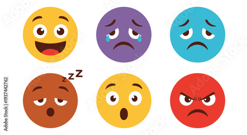 Six colorful emoji faces display a range of different emotions
