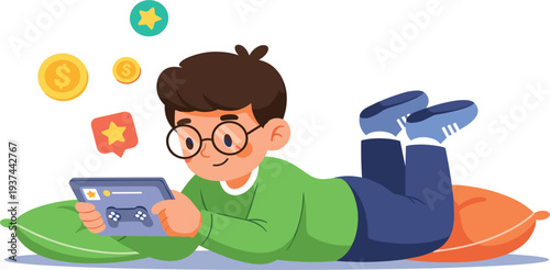 Boy Playing Mobile Video Game Illustration with Tablet Controller Coins and Rewards for Online Gaming Entertainment and Digital Fun Design