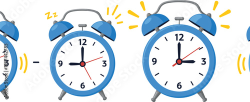Alarm Clock Ringing and Snoozing Sequence Illustration Showing Wake Up Time, Morning Routine, Sleeping and Active Alarm Notification Concept