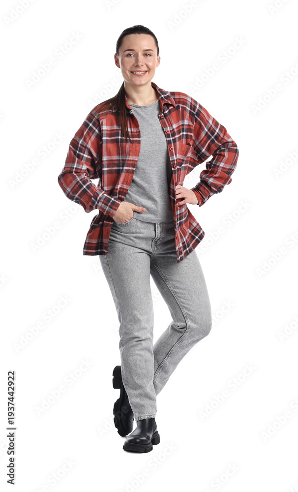 Fototapeta premium Happy long-haul truck driver in checkered shirt on white background