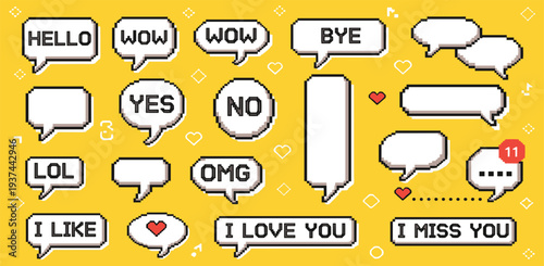 Pixel Speech Bubble Icon Set with Retro Chat Messages Emoji Hearts and Social Media Text Elements for Gaming UI Sticker and App Design