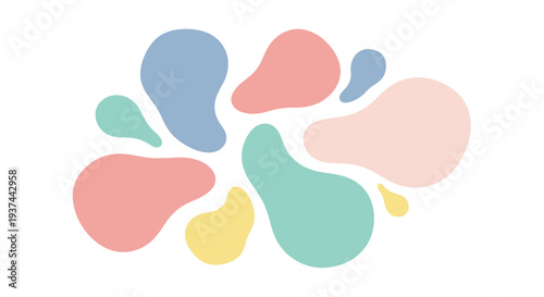 Abstract arrangement of colorful overlapping organic shapes on white