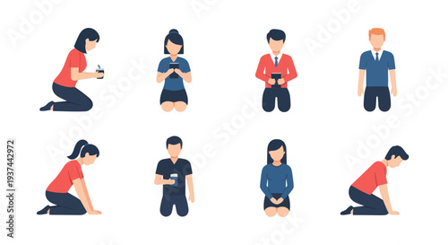 Set of diverse people in various kneeling poses with digital devices and mindful postures, suitable for wellness, meditation, and technology themes