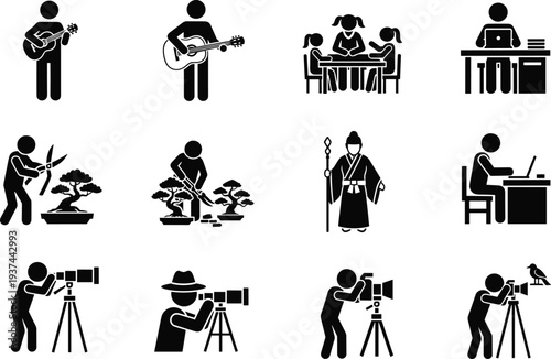 Black stick figure icons set featuring photography bonsai pruning guitar playing office work and telescope star gazing isolated on white background for hobby vector design