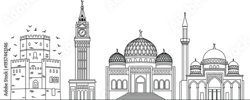 Islamic Architecture Landmark Line Illustration Featuring Mosque Domes, Minaret, Historic Tower, and Traditional Middle Eastern Religious Buildings Skyline