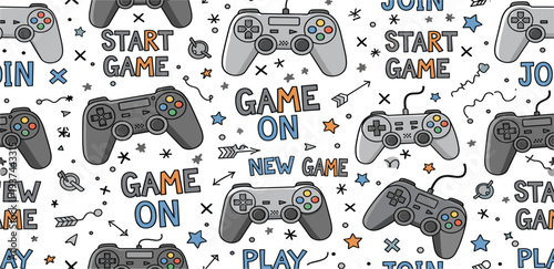 Gaming Controller Seamless Pattern with Start Game and Play Text for Video Game Background Gamer Wallpaper and Esports Design
