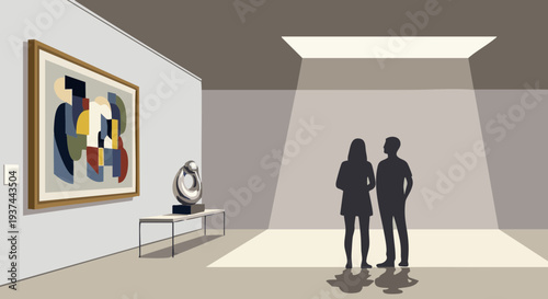 Silhouetted couple admiring abstract art in a modern museum gallery
