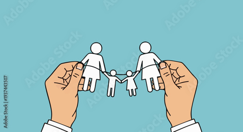Hands holding a paper cutout of a same-sex lesbian family with two mothers and children.