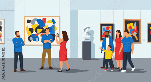 Diverse people and family visiting a modern art gallery exhibition. Vector illustration.