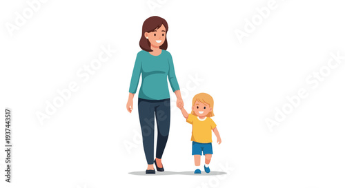 Happy single mother and child walking together, holding hands. Vector illustration of family love and care.