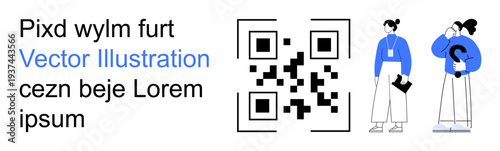 Digital communication, marketing assets, QR code usage, identity and data sharing, teamwork, information access. Features a QR code next to abstract text and two standing women. Digital communication
