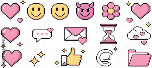 Cute Pixel Icon Set with Hearts, Smileys, Message Bubble, Flower and Social Media Symbols in Retro 8 Bit Style for UI Design